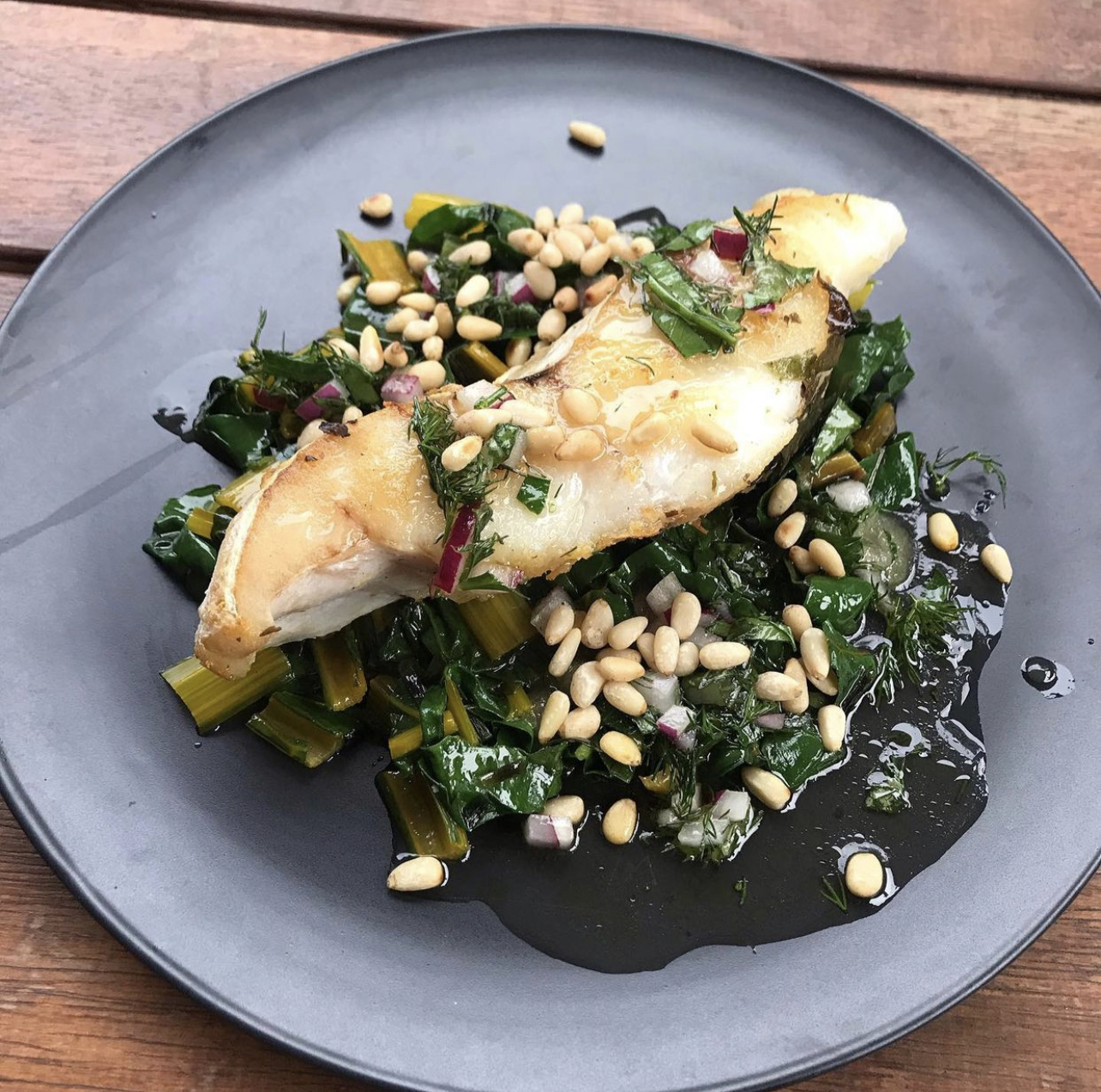 White Fish, Sauteed Silverbeet with Organe Pine Nut Vinagrette