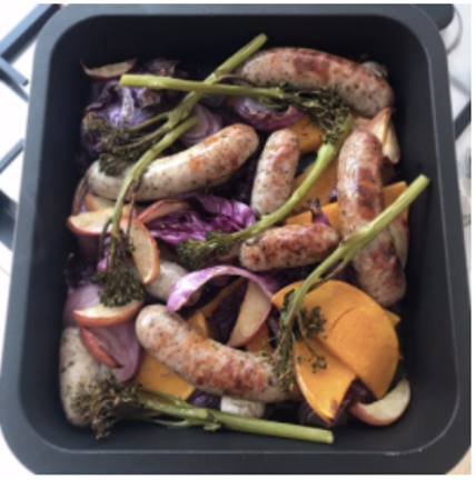 Pork and Fennel Sausages (Gluten Free) Tray Bake with Apple and Veggies